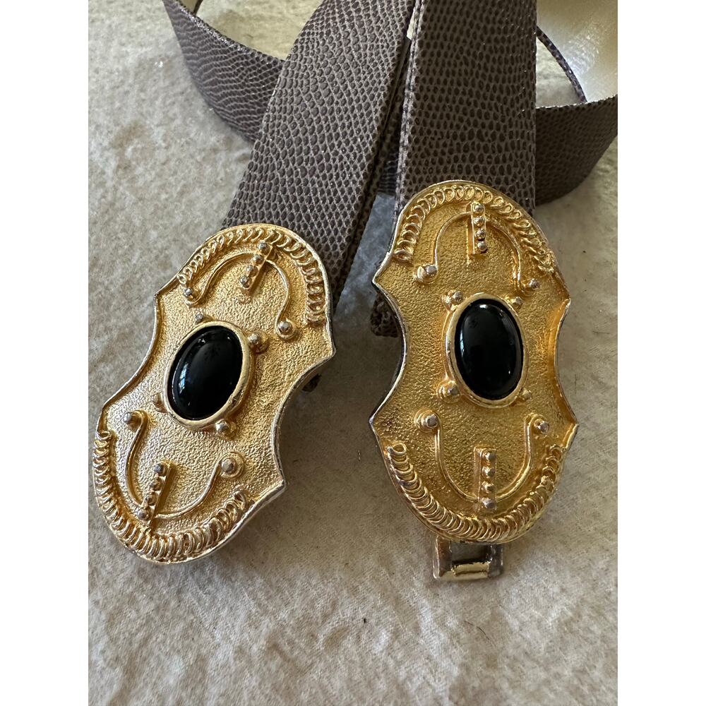 Vintage signed GAY BOYER belt gold removable buckle black cabochon snake leather